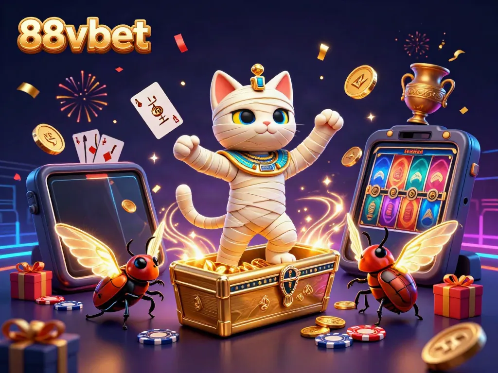 Experience exciting 88vbet gaming with an Egyptian mummy cat and casino elements bursting with energy.