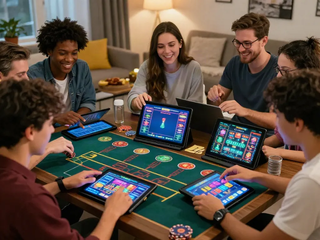 Groupe d'amis jouant à des jeux de Casino En Ligne dans un salon chaleureux, ambiance festive.