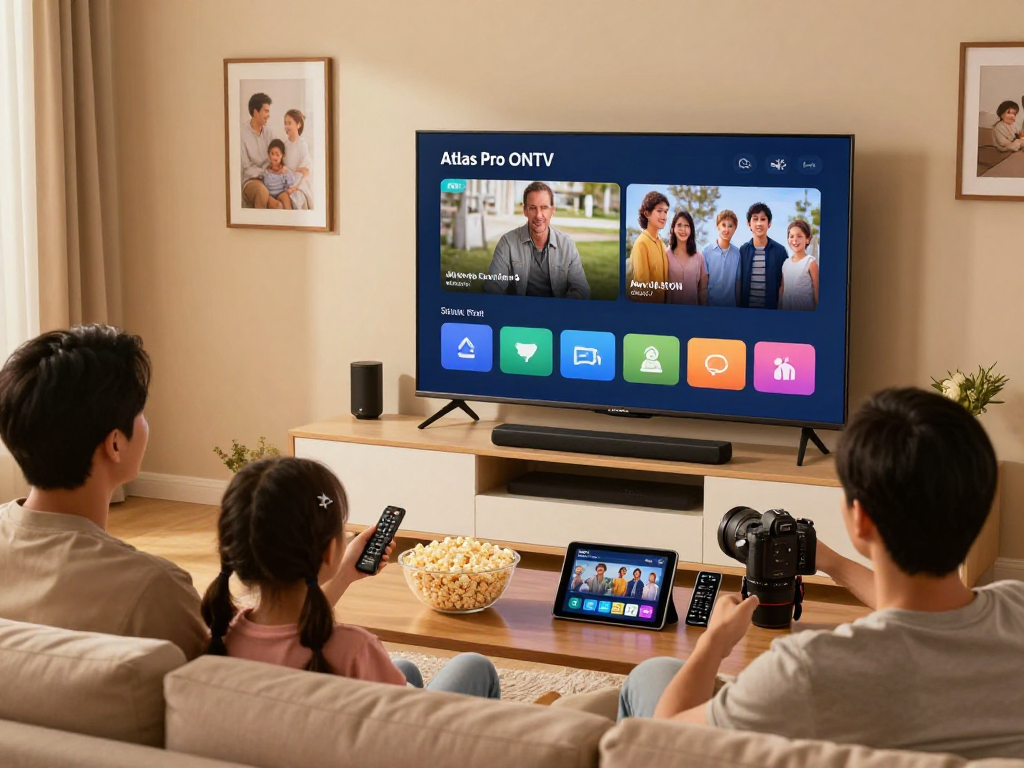 Installation familiale du service Atlas pro ontv sur TV Smart avec ambiance chaleureuse.