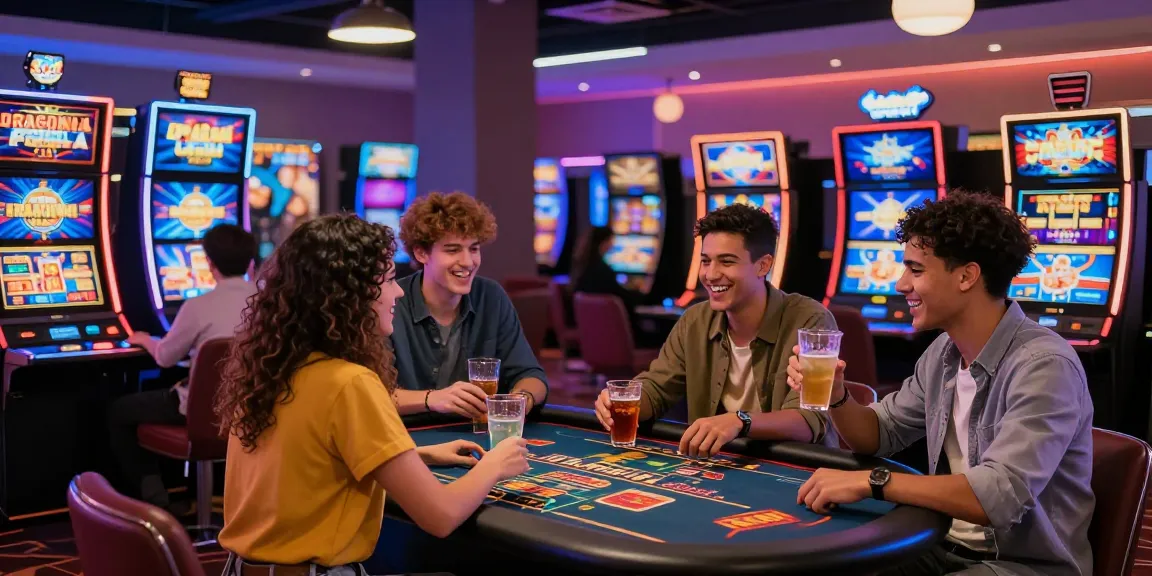 Les joueurs s'amusent sur https://studiobarw.com/ dans une ambiance de casino animée avec des machines à sous et des tables de croupiers en direct.