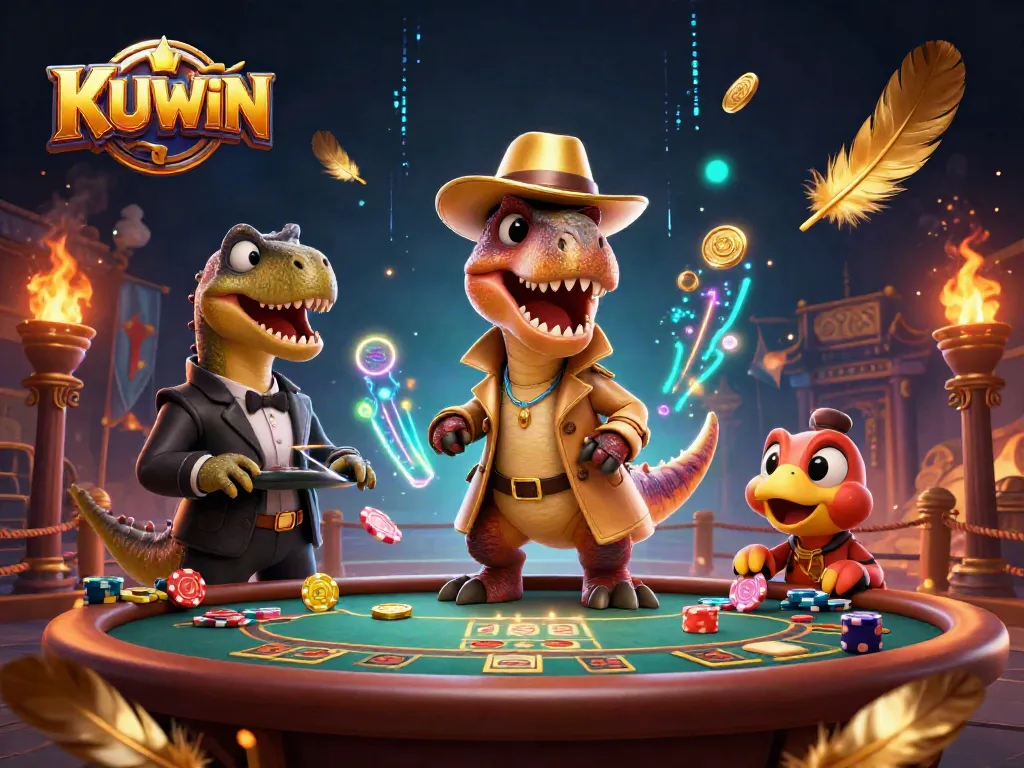 KUWIN velociraptor card counter at a blackjack table in an action-packed casino scene.