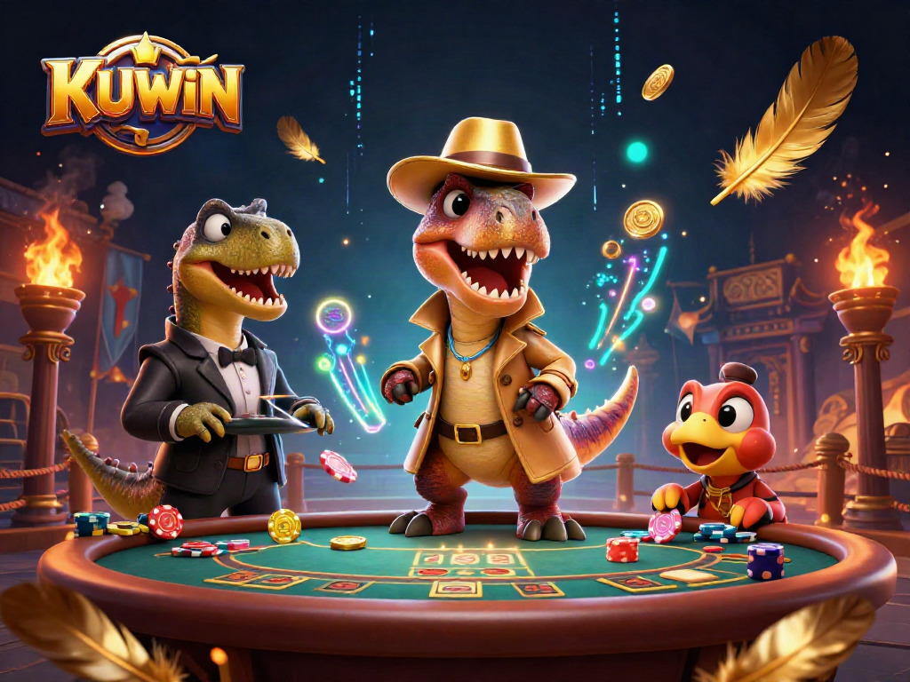 KUWIN velociraptor card counter at a blackjack table in an action-packed casino scene.