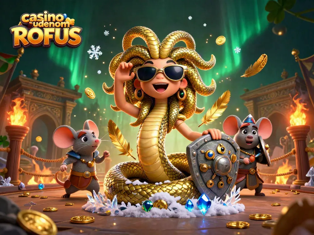 Engage with the vibrant scene of casino uden om ROFUS featuring animated Medusa and warrior mouse.