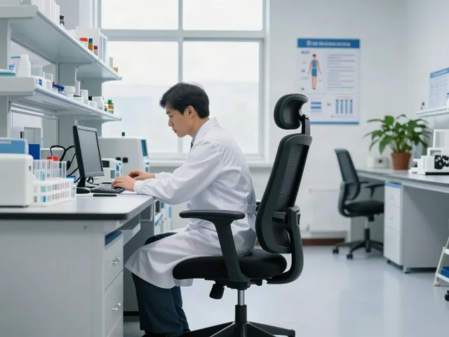 Siège de laboratoire avec repose-pieds réglable utilisé par un scientifique dans un environnement de laboratoire bien éclairé.