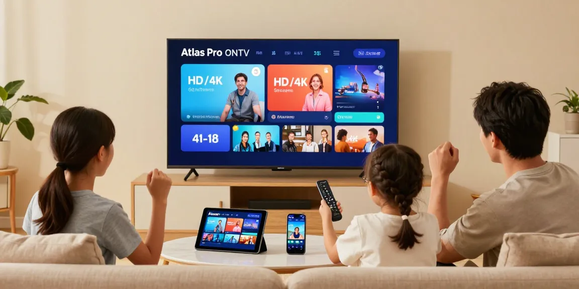 Famille profitant d'Atlas pro sur une TV intelligente en HD et 4K.