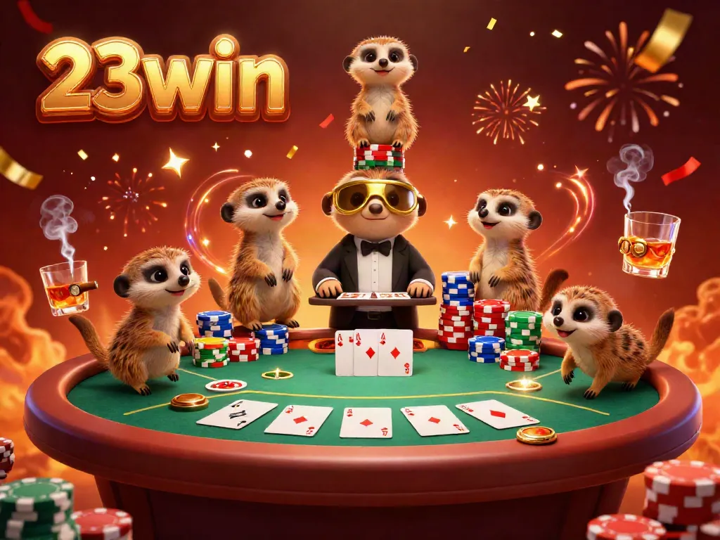 Watch meerkats operating a vibrant casino for 23win, showcasing poker action and festive atmosphere.