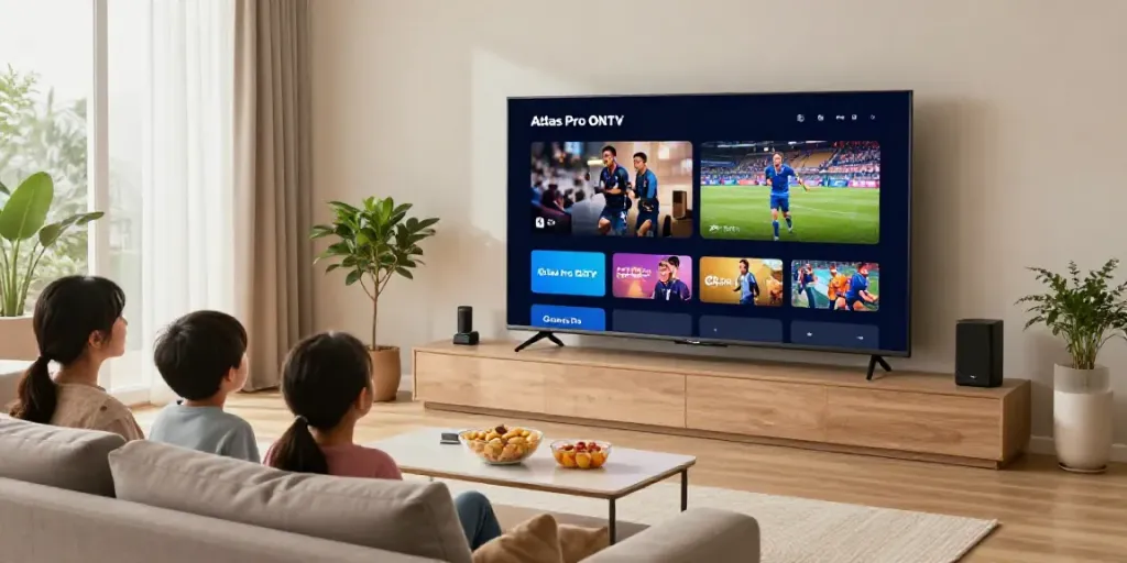 Cinéma maison avec l'application atlas pro sur grand écran, famille réunie.