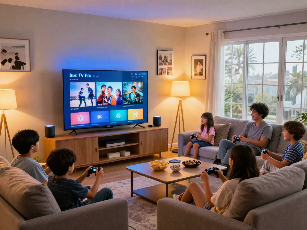 A family enjoying entertainment together with Iron TV Pro interface on a large screen in a cozy living room.