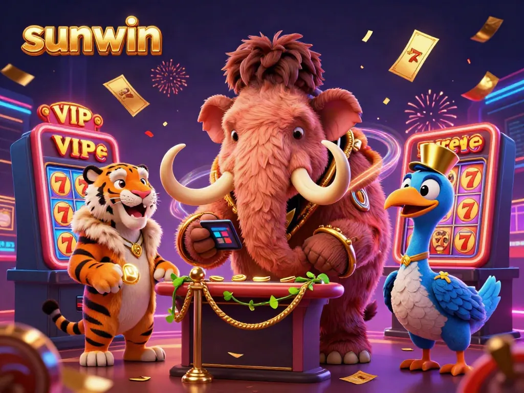 Experience the vibrant casino atmosphere at Sunwin with a mammoth bouncer, VIP tiger guest, and fluttering golden tickets.