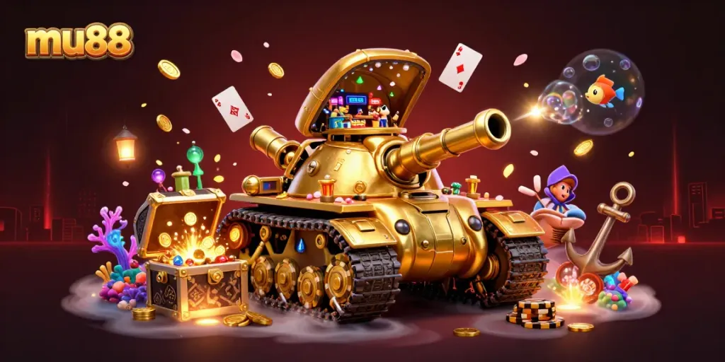 Experience the thrill of mu88 with a golden beetle tank revealing a casino inside, surrounded by treasure and gaming elements.