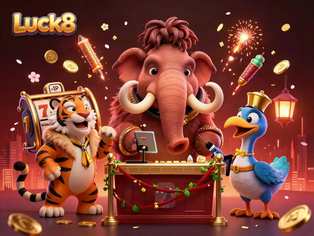 Engaging scene of the Luck8 casino with a woolly mammoth bouncer, saber-tooth guest, and festive elements.