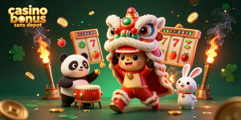 Profitez du bonus sans dépôt dans un casino avec une danse de lion animée et des éléments de jeu dynamiques.