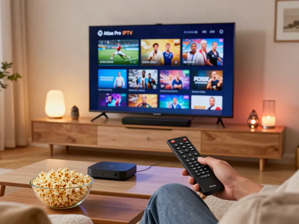 Utilisation de l'application Atlas Pro IPTV sur une télévision intelligente pour une expérience de cinéma à domicile.