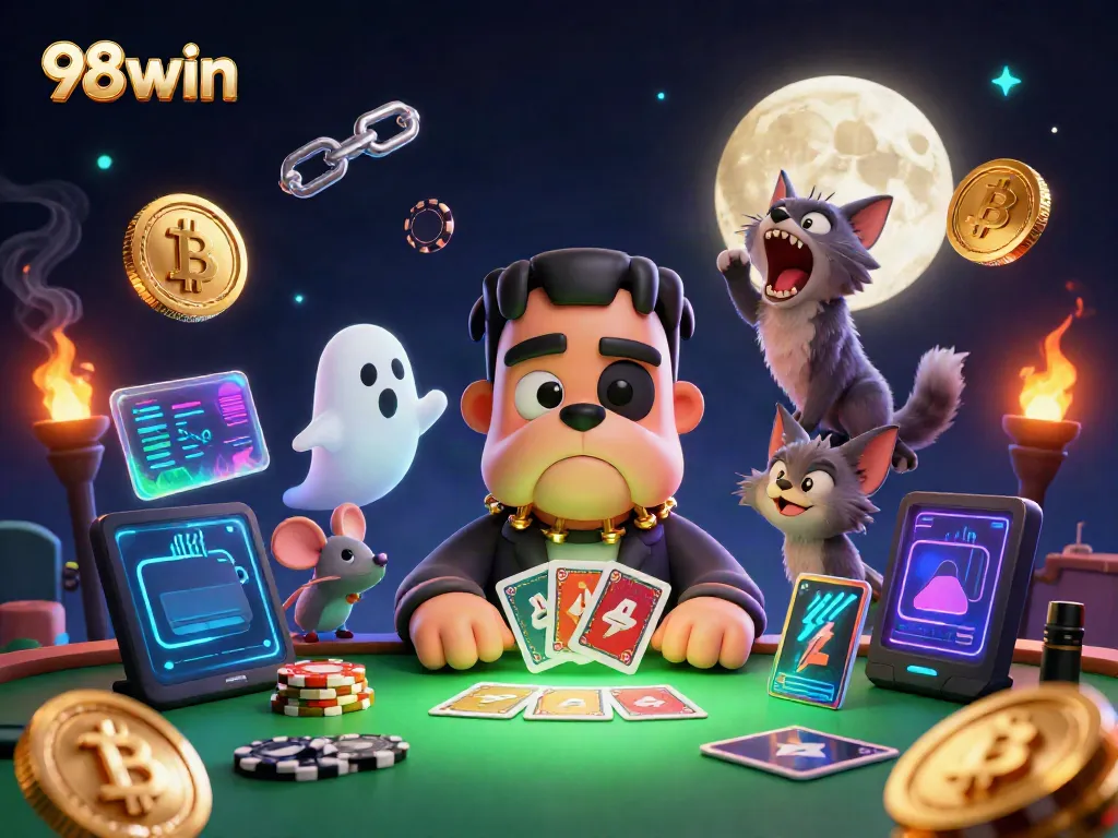 Engage in thrilling gameplay at 98win with a colorful casino scene featuring unique characters.