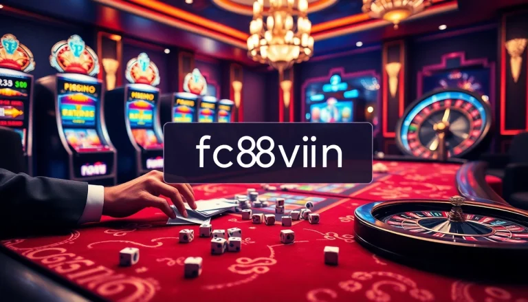 Experience high-stakes gaming at FC88vin's luxurious casino table surrounded by vibrant slot machines.
