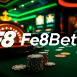 Experience excitement at F8Bet with players engaging at the poker table and vibrant slot machines.