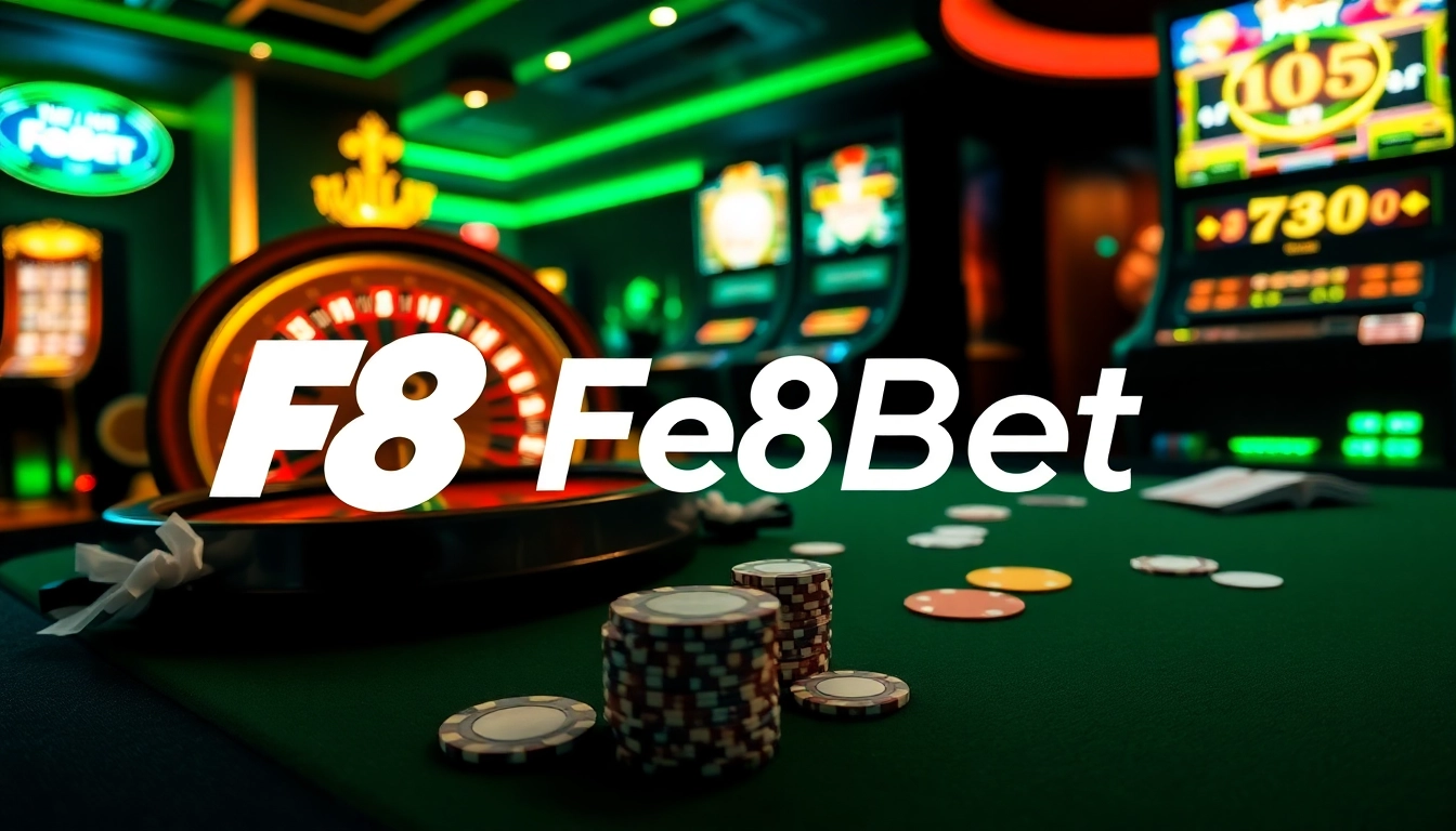 Experience excitement at F8Bet with players engaging at the poker table and vibrant slot machines.