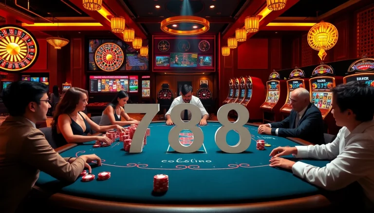 Engage in thrilling gameplay at 6789 casino, featuring vibrant slot machines and a stylish poker table.