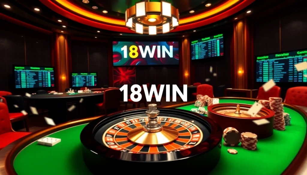 Experience the thrill of winning with 18WIN at a dynamic casino setting featuring roulette and poker chips.