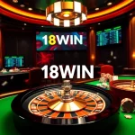 Experience the thrill of winning with 18WIN at a dynamic casino setting featuring roulette and poker chips.