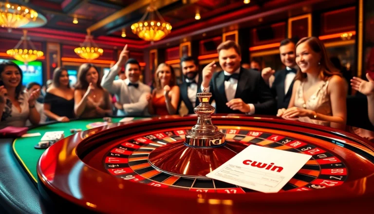 Experience the thrill of cwin at a luxury casino, featuring roulette and excited players.