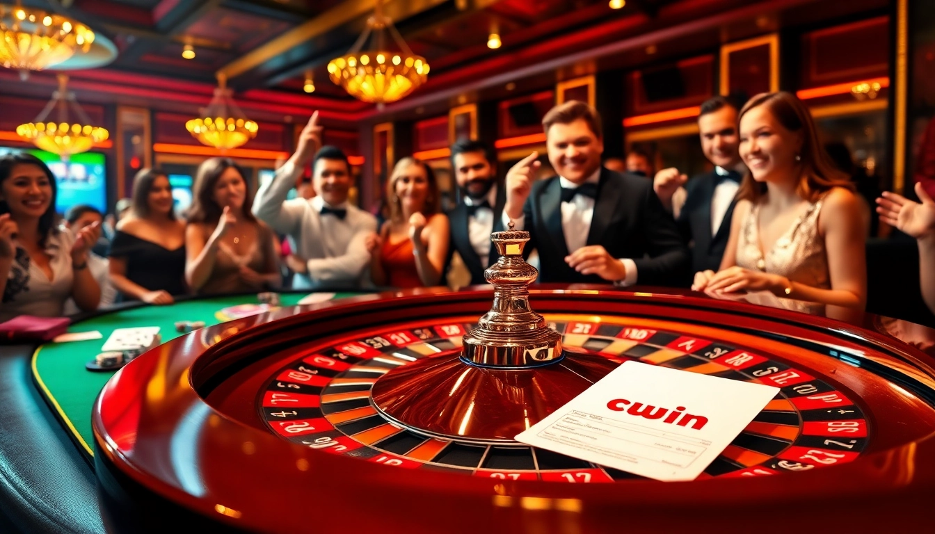 Experience the thrill of cwin at a luxury casino, featuring roulette and excited players.