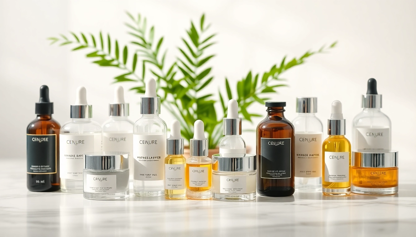 Utforska premium hudvårdsprodukter online som visas på en stilfull marmorskiva.