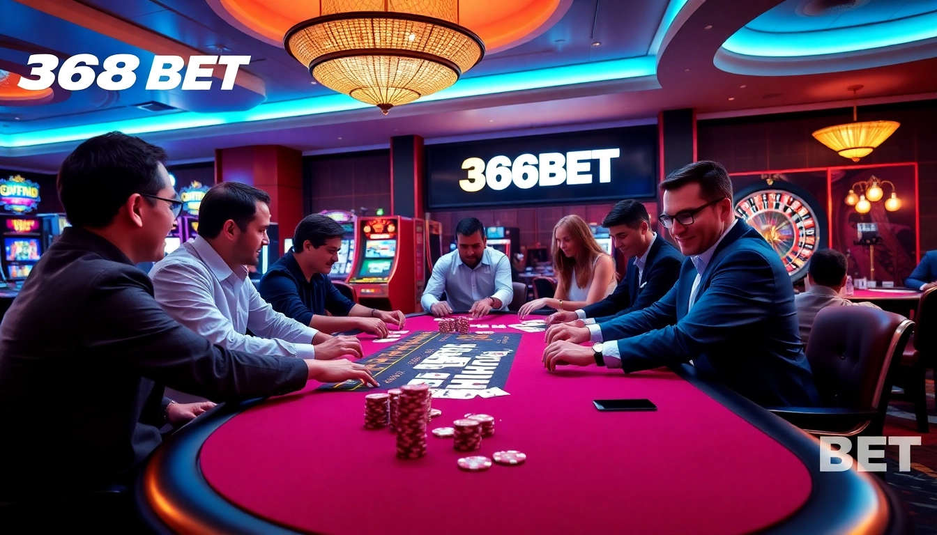Exciting gameplay at 368BET casino with vibrant poker chips and roulette wheel.