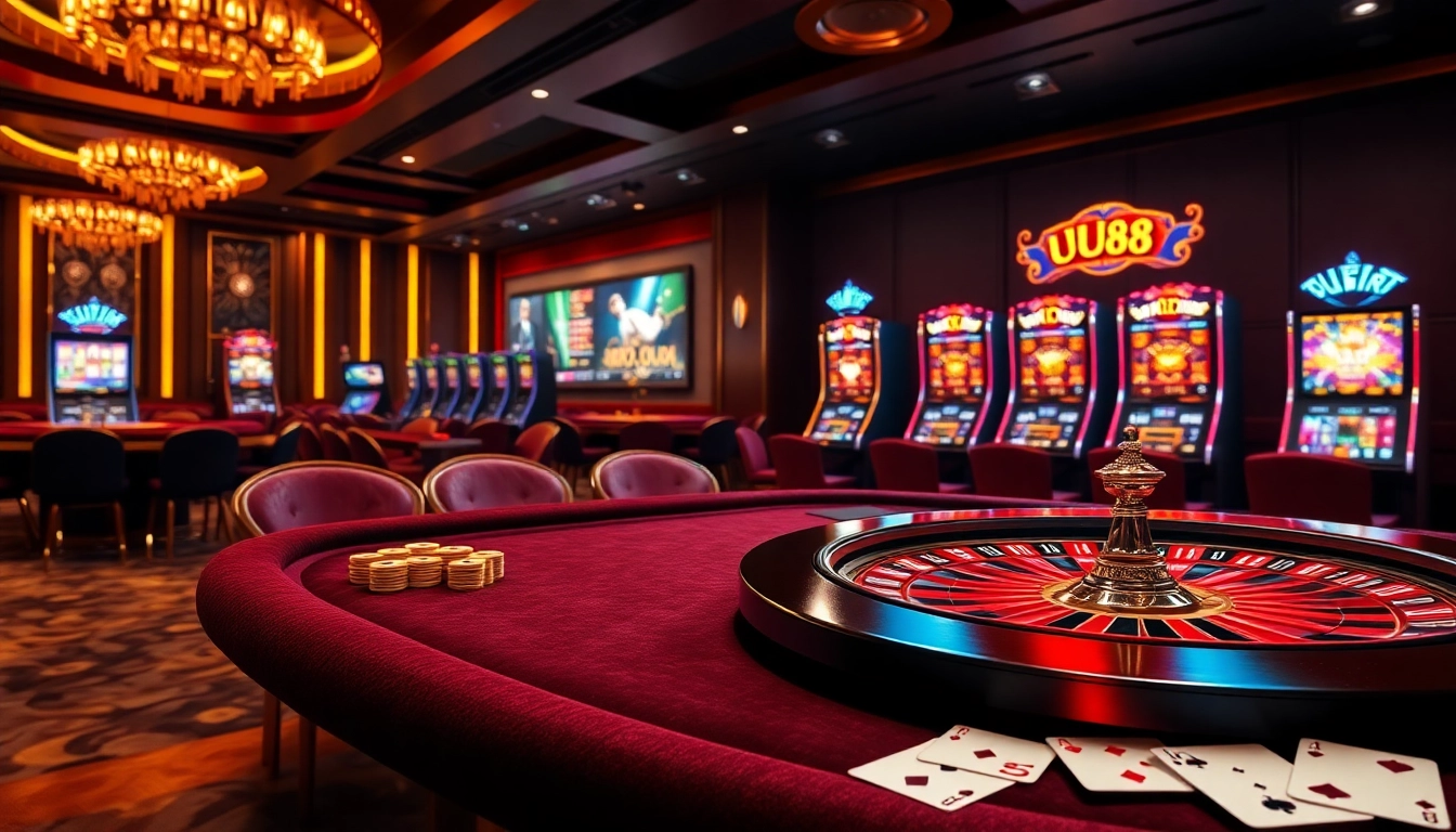 Experience thrilling betting at UU88 with vibrant casino tables and vivid slot game displays.