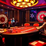 Engage in high-stakes excitement at 789BET with a vibrant casino atmosphere featuring poker tables and roulette wheels.