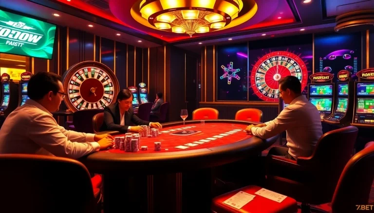 Engage in high-stakes excitement at 789BET with a vibrant casino atmosphere featuring poker tables and roulette wheels.