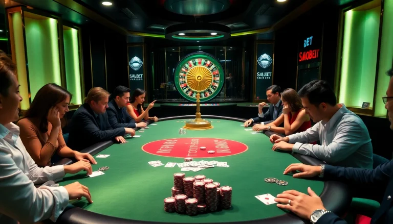 SAO BET players enjoying a high-stakes poker game with vibrant chips and cards.
