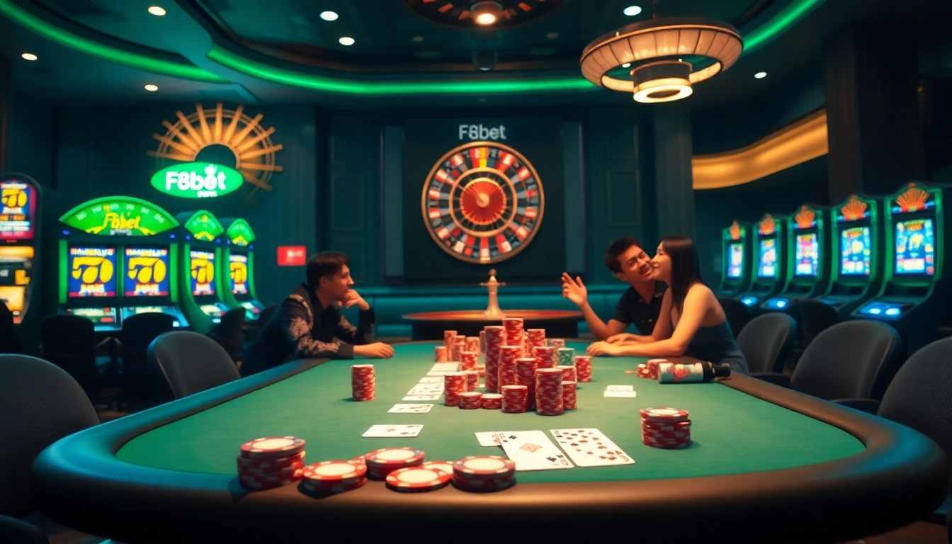 Experience thrilling gaming moments at F8bet, featuring poker, roulette, and vibrant casino elements.