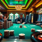 Engaged players at an elegant poker table enjoying the thrilling experience at okfun casino.