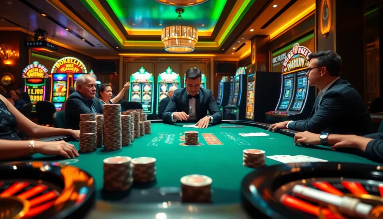 Engaged players at an elegant poker table enjoying the thrilling experience at okfun casino.