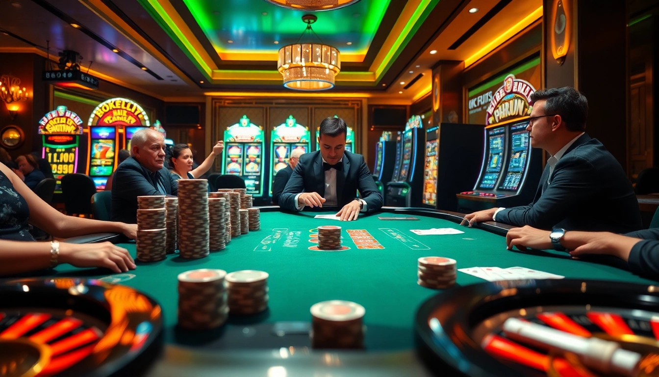 Engaged players at an elegant poker table enjoying the thrilling experience at okfun casino.
