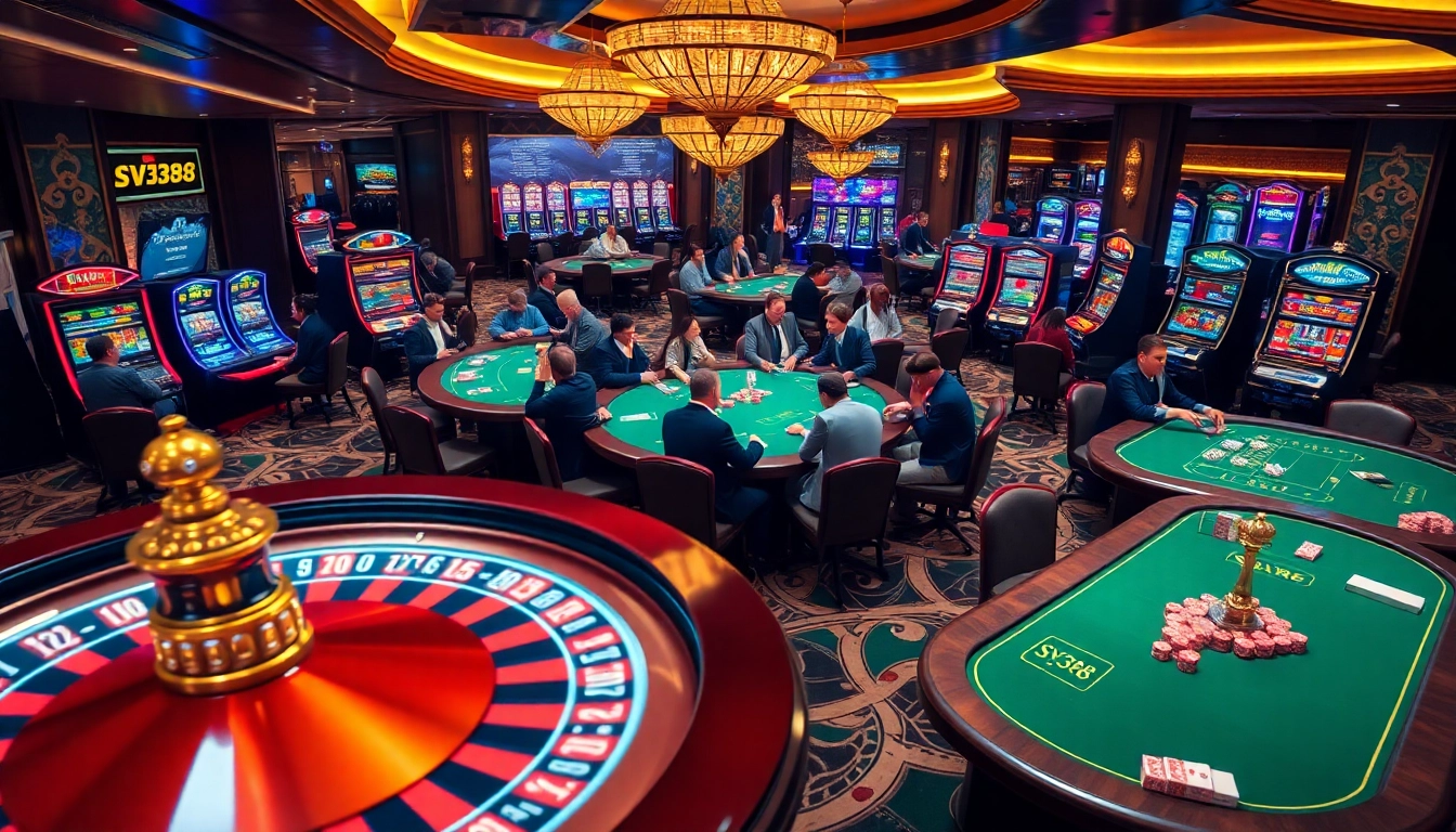 SV388 players enjoy an exciting game of poker at a vibrant casino, showcasing luxury and thrill.