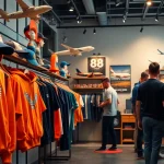 FLY88 showcases trendy aviation-inspired apparel in a modern boutique.