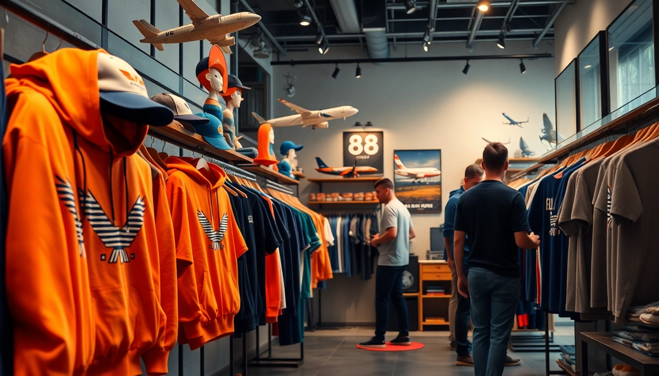 FLY88 showcases trendy aviation-inspired apparel in a modern boutique.