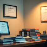 Espace de travail d'un traducteur certifié avec des documents et un logiciel de traduction, mettant en évidence le rôle du traducteur assermenté.