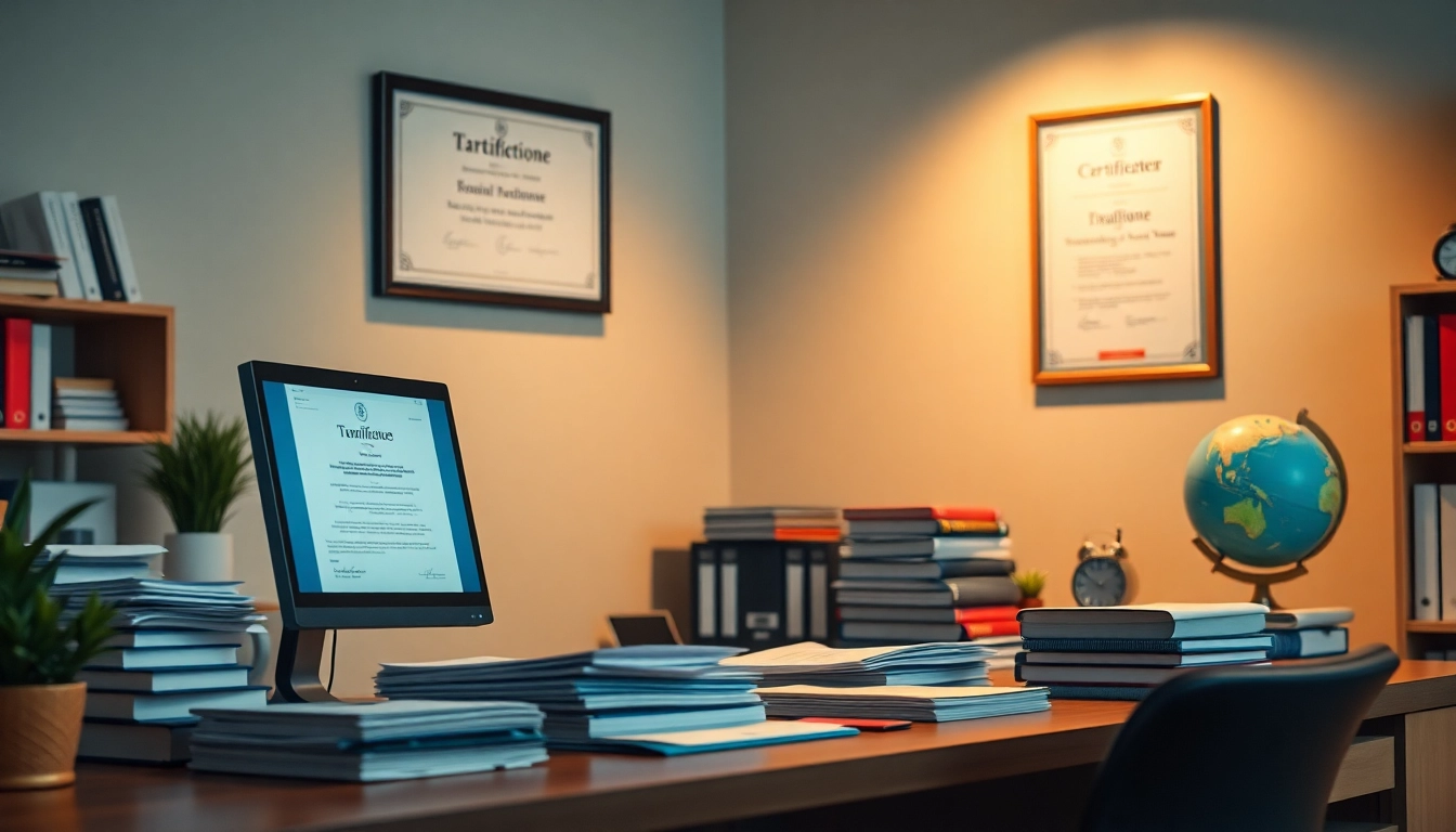 Espace de travail d'un traducteur certifié avec des documents et un logiciel de traduction, mettant en évidence le rôle du traducteur assermenté.