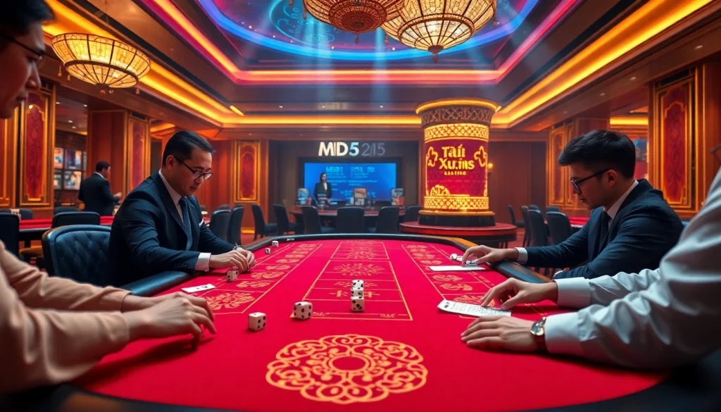 Players engaged in Tài Xỉu MD5 at a luxurious casino table with vibrant visuals.