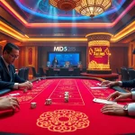 Players engaged in Tài Xỉu MD5 at a luxurious casino table with vibrant visuals.