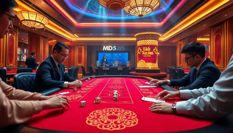 Players engaged in Tài Xỉu MD5 at a luxurious casino table with vibrant visuals.
