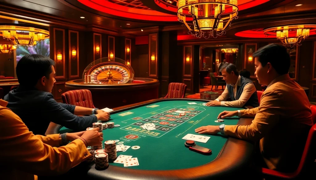 Experience high-stakes excitement at the tr88 poker table in a luxurious casino setting.
