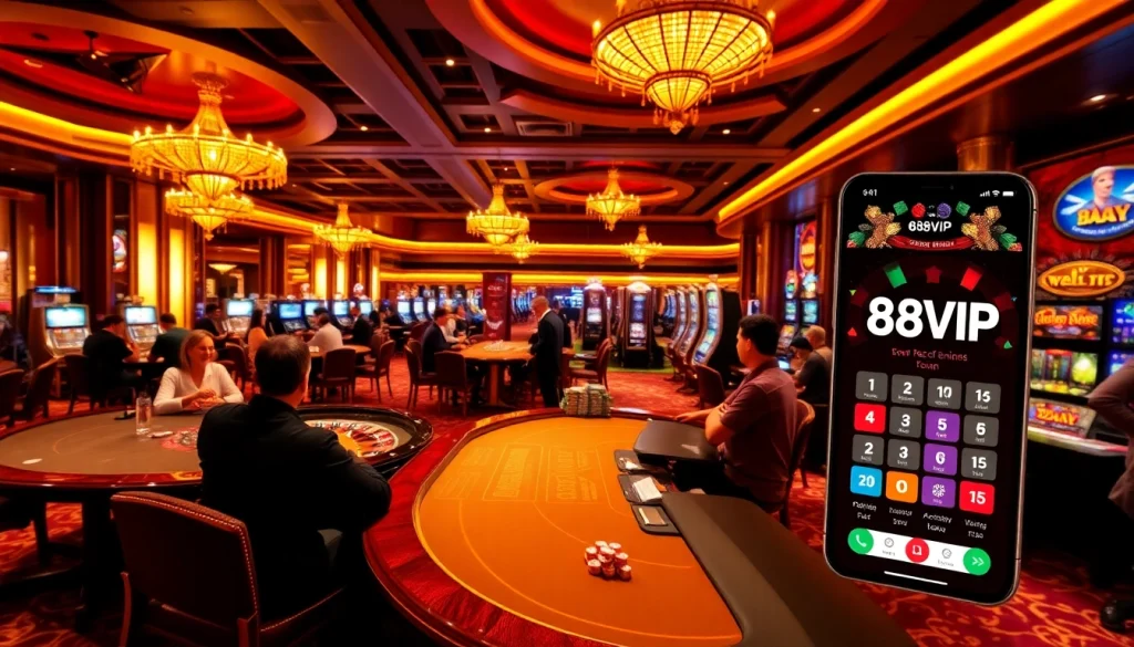 Experience thrilling games at 68VIP's luxurious casino with poker tables and slot machines.