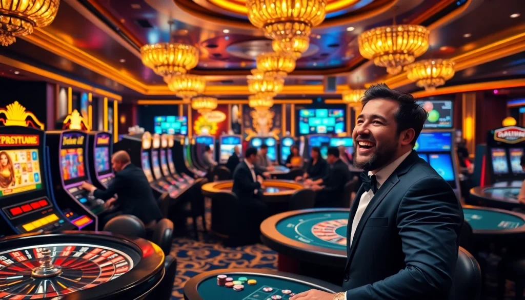 Exciting gaming atmosphere at crypto casinos with vibrant slot machines and poker tables.