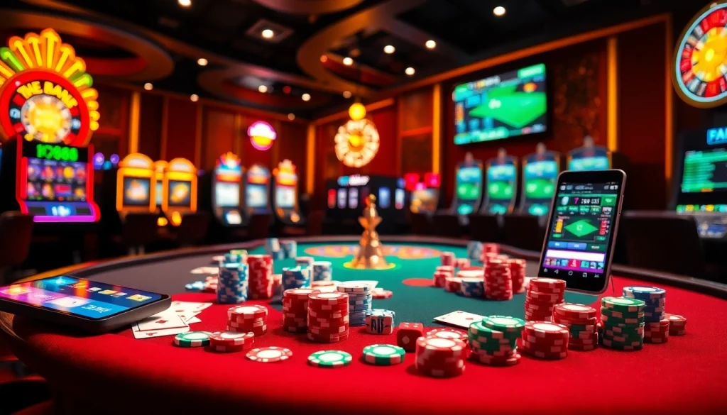 Experimenta la emoción del juego con 789g en una mesa de casino de lujo rodeada de elementos de juego vibrantes.