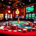 Experimenta la emoción del juego con 789g en una mesa de casino de lujo rodeada de elementos de juego vibrantes.