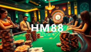 Experience the excitement of HM88 with vibrant casino tables, colorful poker chips, and a lively gambling atmosphere.
